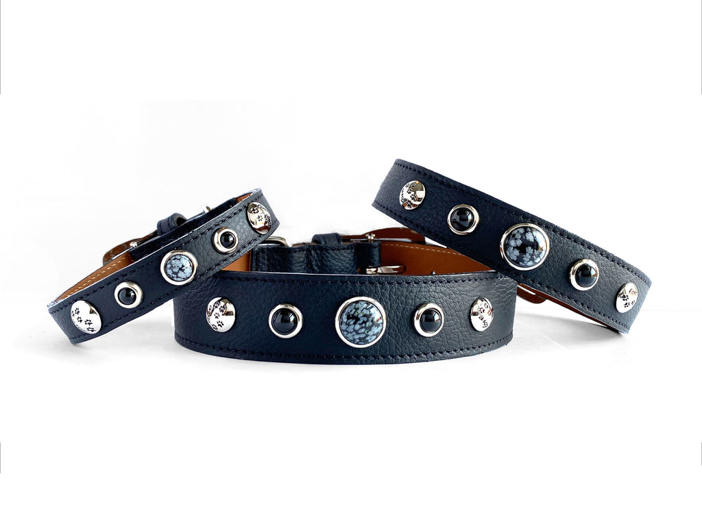 Beautiful Rich Black Leather Dog Collar with healing crystals and Gemstones for calming, coolness, good judgement, emotional balance and protection, Snowflake Obsidian and Black Onyx.