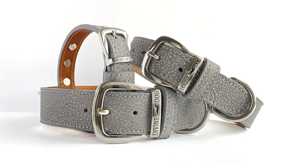 The most beautiful Grey Leather Collars with healing crystals and Gemstones, Hematite and grey Mexican Crazy Lace.