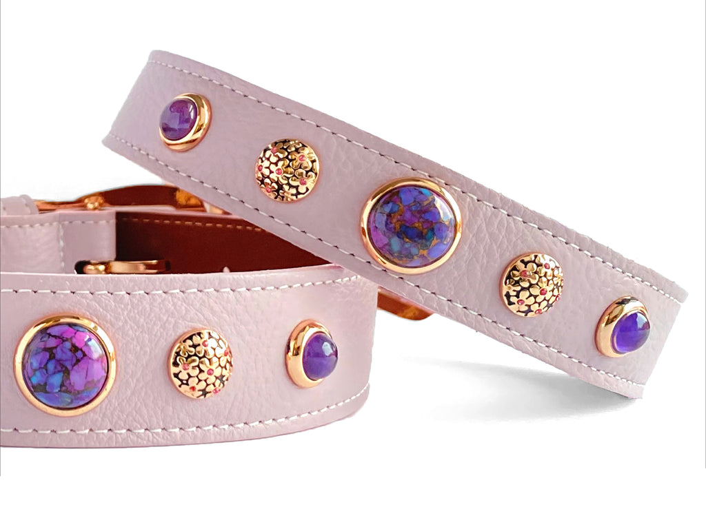 Beautiful Pink colour Leather Collars with healing gemstones and crystals for calming and femininity, Amethyst and Copper Purple Turquoise.