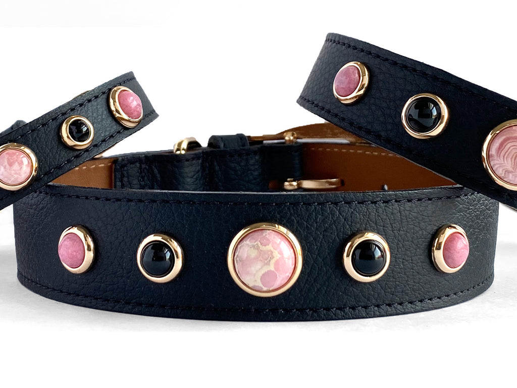 Rich Black Leather Dog Collar with healing crystals and Gemstones for Love compassion and grief, Rhodochrosite, Black Onyx and Rhodonite.
