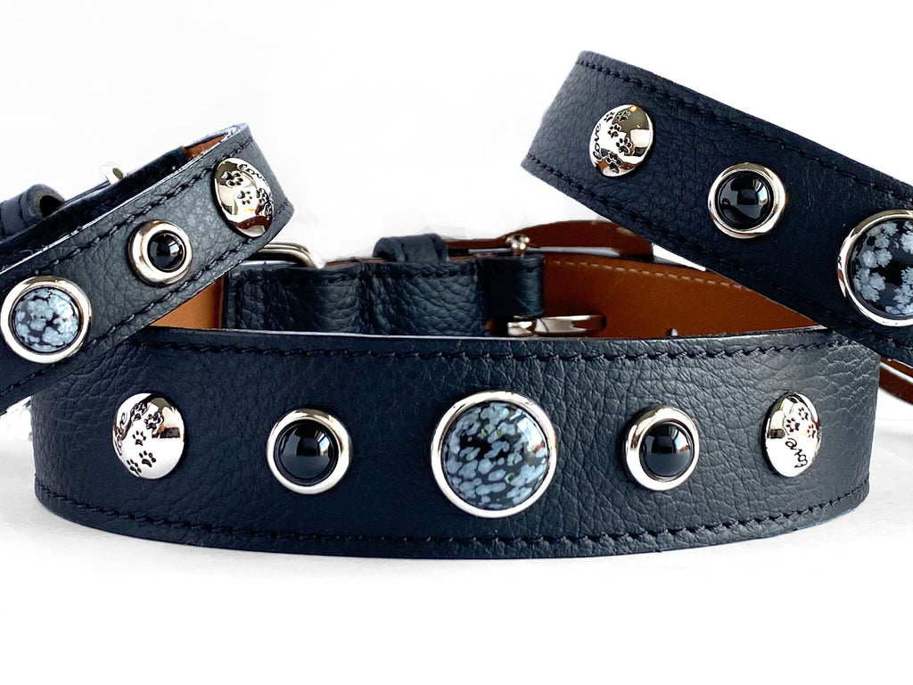 Beautiful Rich Black Leather Dog Collar with healing crystals and Gemstones for calming, coolness, good judgement, emotional balance and protection, Snowflake Obsidian and Black Onyx.