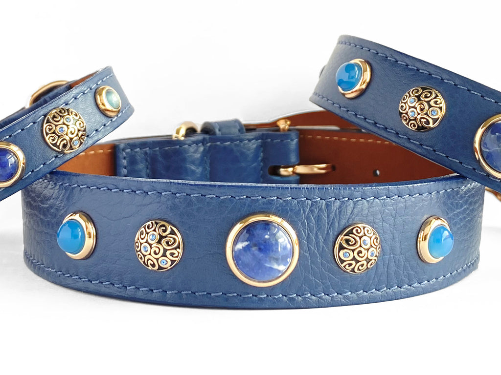 The most beautiful Blue Leather Collars with healing crystals and Gemstones for a family dog, peace, love, brotherhood, protection, Sodalite and Blue Chalcedony.