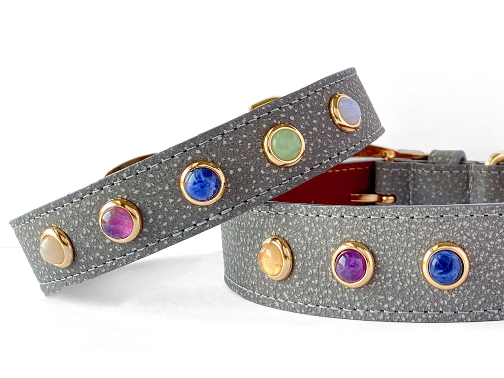 Dog Collars with Healing and Spiritual Gemstones and Crystals specially selected for their properties to help heal the Rescue Dog from the scars of the past and open the Heart to Unconditional Love.