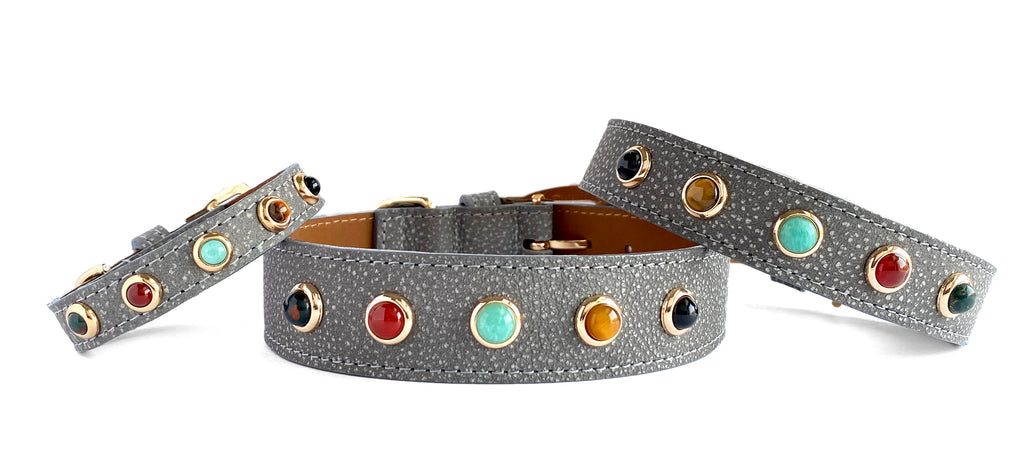 Divine Dog Leather collar with  gemstones selected to have healing properties to help the fearful dog be more brave & courageous.