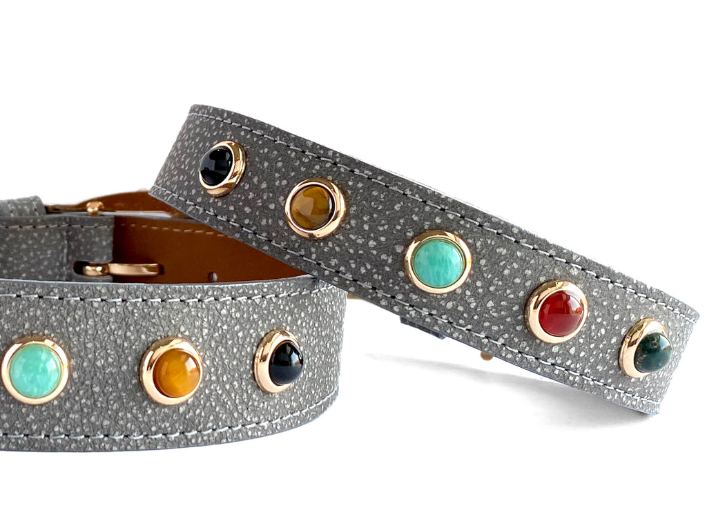 Beautiful Divine Dog Leather collar for courage.  Healing and Spiritual Gemstones and Crystals specially selected for their properties to help fearful dogs be more Courageous, Brave, Balanced and Stable in their environments and during fearful situations.