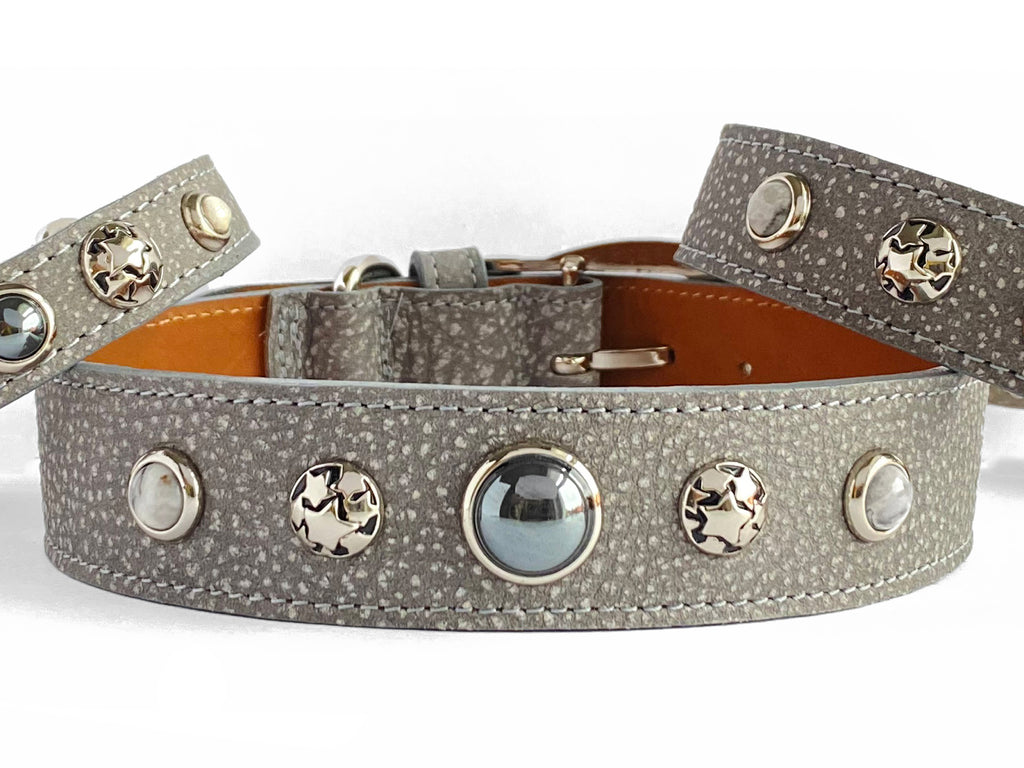 The most beautiful Grey Leather Collars with healing crystals and Gemstones to convert bad energy to good, bring balance, relaxation and laughter, Hematite and grey Mexican Crazy Lace.