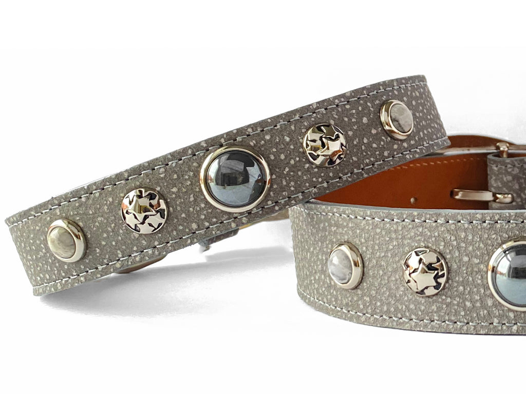 The most beautiful Grey Leather Collars with healing crystals and Gemstones to convert bad energy to good, bring balance, relaxation and laughter, Hematite and grey Mexican Crazy Lace.