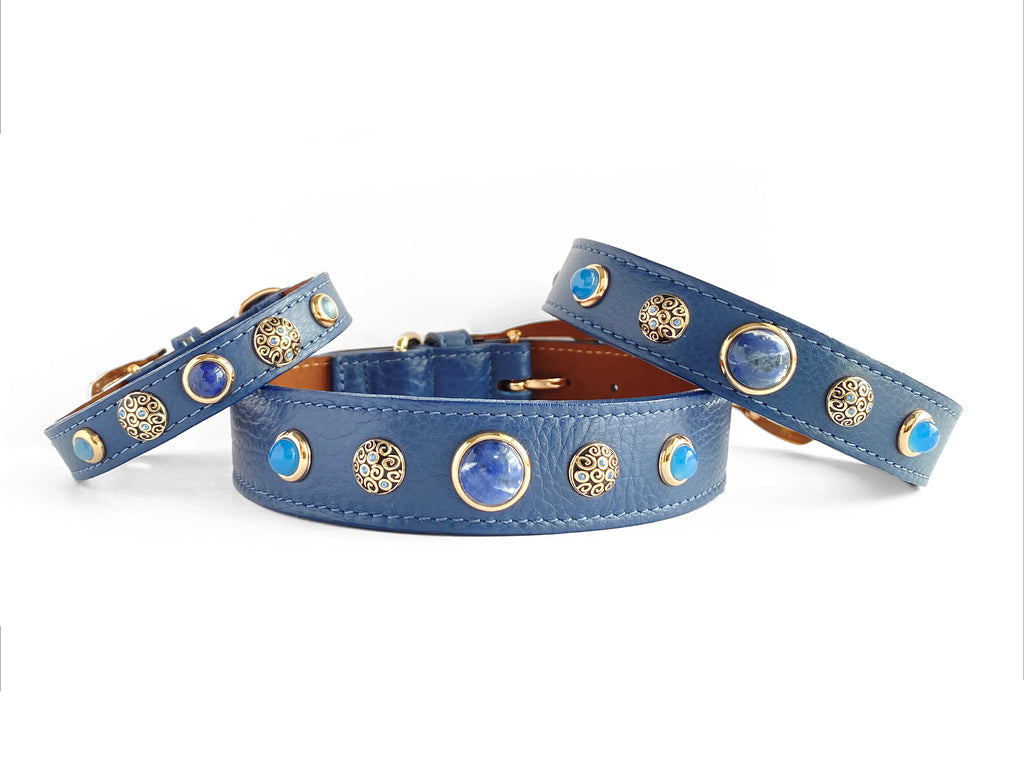 The most beautiful Blue Leather Collars with healing crystals and Gemstones for a family dog, peace, love, brotherhood, protection, Sodalite and Blue Chalcedony.