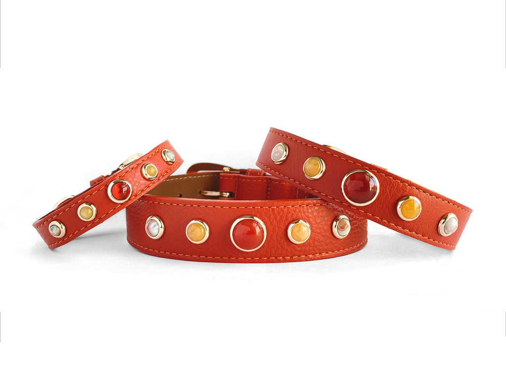 Beautiful Orange Leather Collars with healing crystals and Gemstones for the family dog, bravery, nurturing, humour and laughter, Carnelian, Pineapple Jasper and Mexican Crazy Lace.