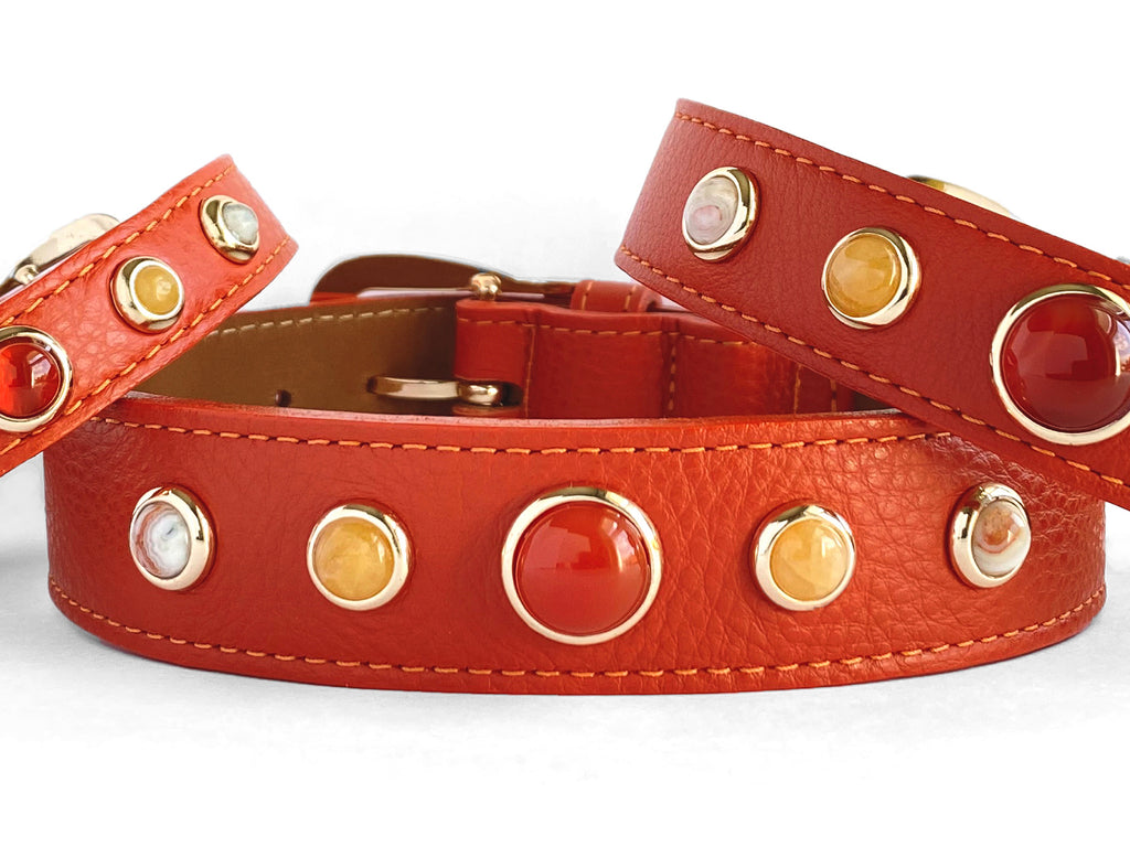 Beautiful Orange Leather Collars with healing crystals and Gemstones for the family dog, bravery, nurturing, humour and laughter, Carnelian, Pineapple Jasper and Mexican Crazy Lace.
