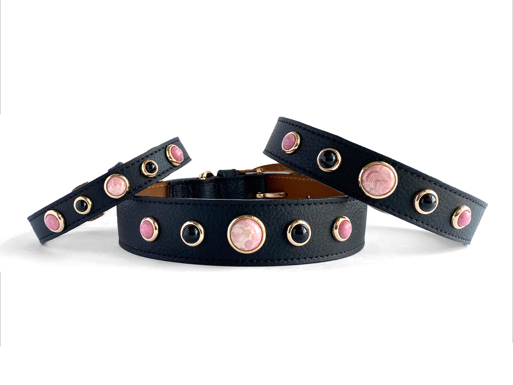 Rich Black Leather Dog Collar with healing crystals and Gemstones for Love compassion and grief, Rhodochrosite, Black Onyx and Rhodonite.