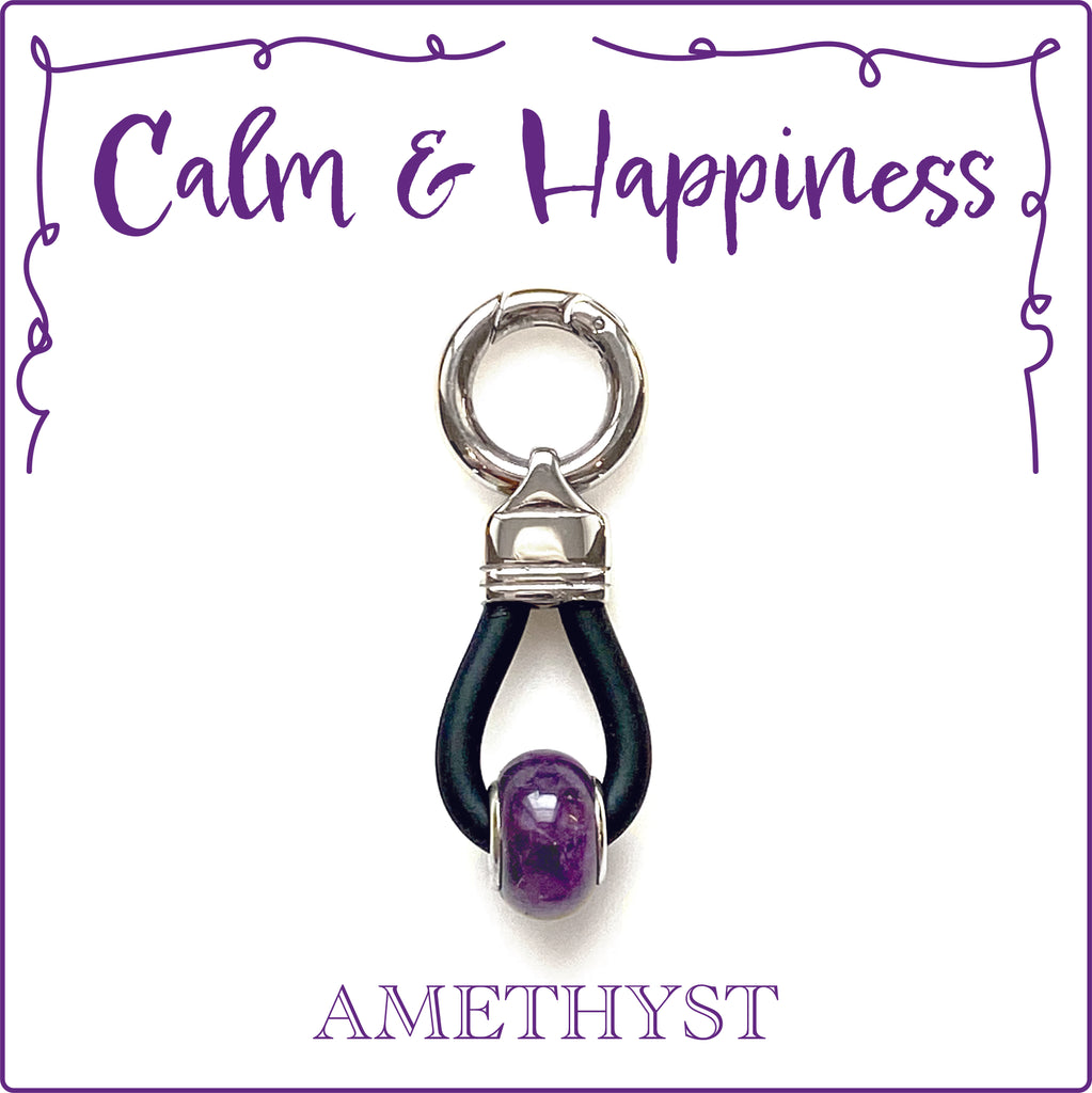 CALM & RELAX - Energized Gemstone Collar Dangler - AMETHYST healing properties are connected to your headspace and work to sooth your and your dog's mind of worries, stress and tension.  It helps to remove mental distractions and emotional clutter to clear your head and return your mind to a calm and peaceful state.  Amethyst are a great gemstone for Rescue Dogs and anxious dogs or dogs with separation anxiety.