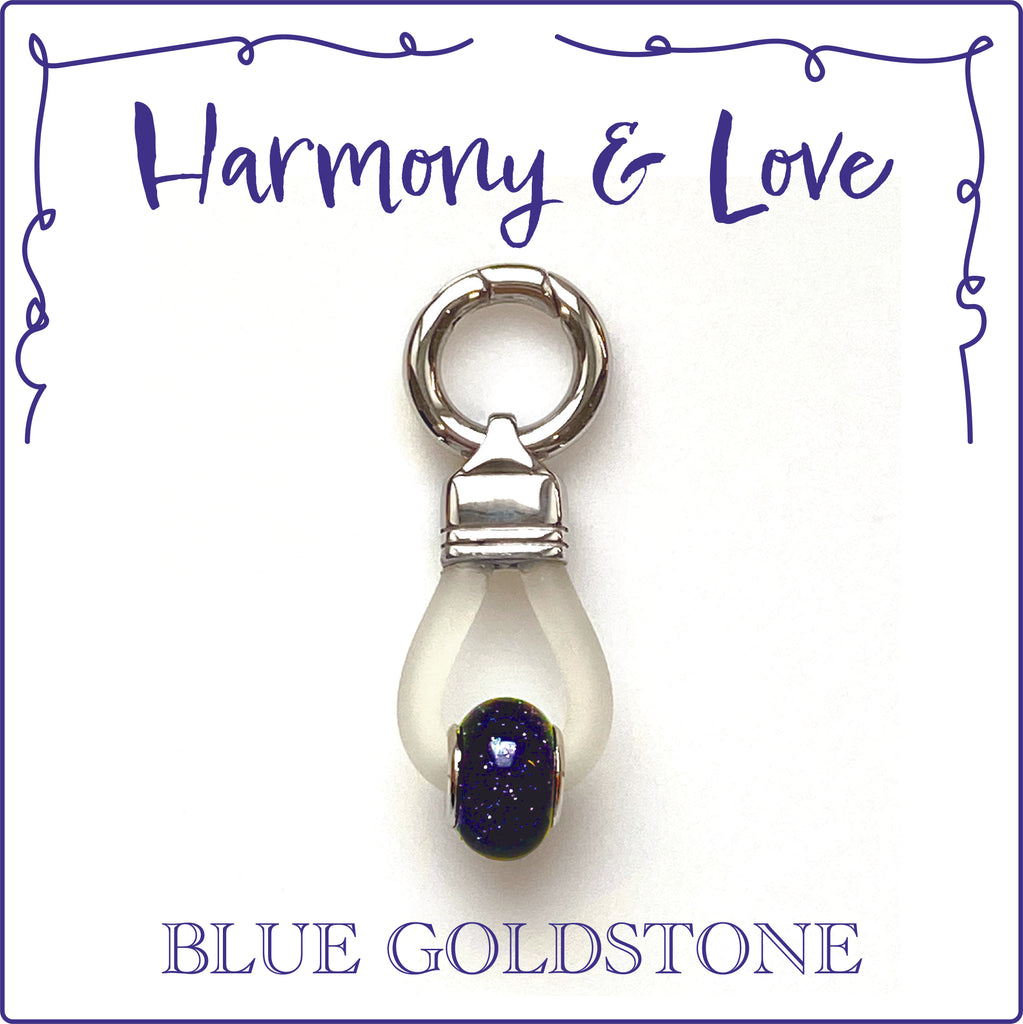 HARMONY & LOVE - Energized Gemstone Collar Dangler - BLUE GOLDSTONE will revitalize your and your dog's energy field with positivity and remove negative energies.  It possesses energies that harmonize relationships, you and your dog will have more faith in your relationship, more love, understanding, kindness and generosity toward one another.  Blue Goldstone is great for when you and your dog are undergoing training together, to help build a strong bond and understanding of one another.  
