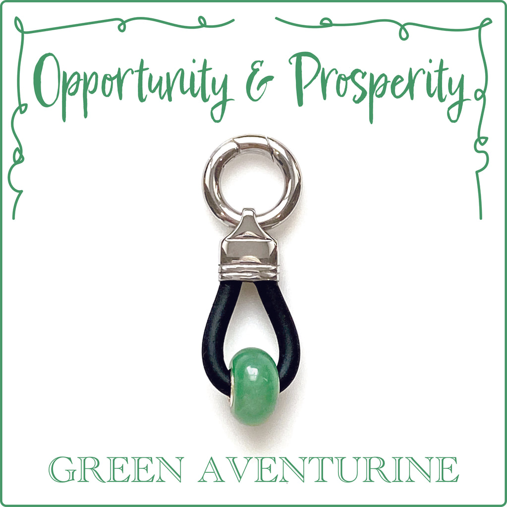 OPPORTUNITY & PROSPERITY - Energized Gemstone Collar Dangler - GREEN AVENTURINE is known to be the luckiest of all crystals, boosting one's chances in any situation.  It brings optimism and a zest for life, allowing one to move forward with confidence and to embrace change.  This is a perfect gemstone for a dog that is in a rescue and for after they are adopted to encourage them to accept change.  Green Aventurine is can also be helpful for emotional recovery after a relationship has ended.  