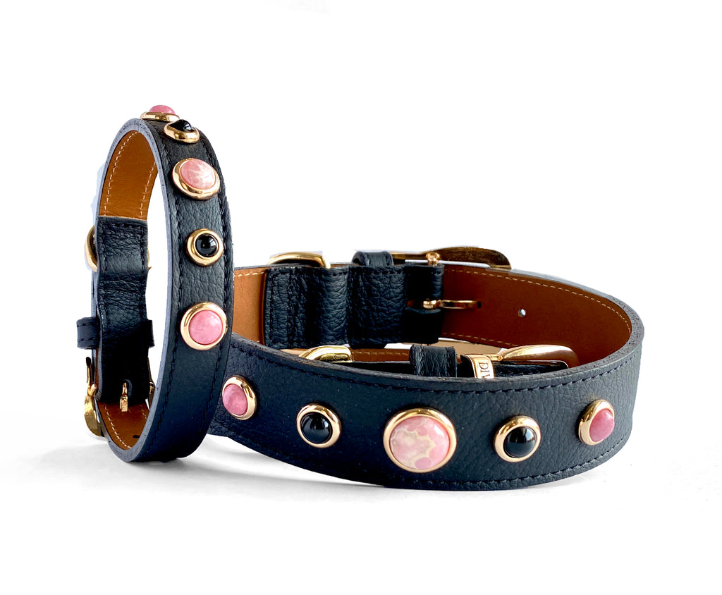 The most beautiful Rich Black Leather Collars with healing crystals and Gemstones for Love, Rhodochrosite, Black Onyx and Rhodonite.