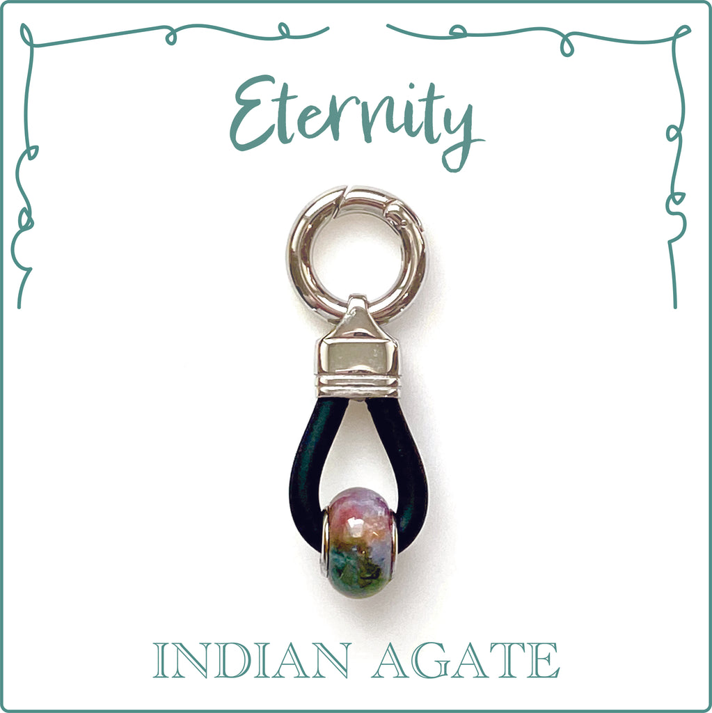 ETERNITY - Energized Gemstone Collar Dangler - INDIAN AGATE in some cultures is known as the "Stone of Eternity".  It brings comfort to the idea of growing old with ever growing inner beauty, wisdom and gratitude for all that is and will be.  Garlands of this stone is worn by holy men and sages if India; worn for their divinity.  Put one on your aging dog to show your love and respect for who and where they have been and to honour your past together.