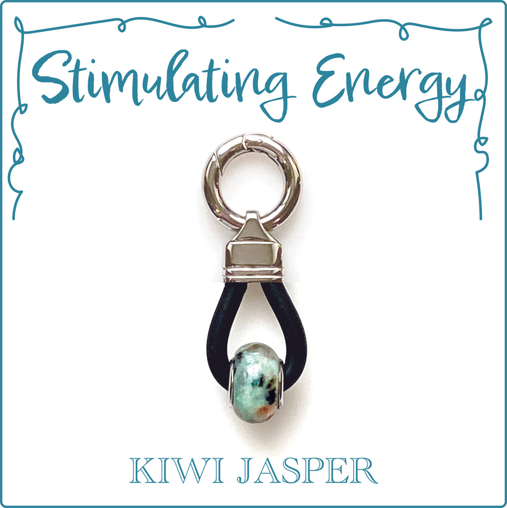 STIMULATING ENERGY - Energized Gemstone Collar Dangler - KIWI JASPER has an incredibly vibrant and stimulating energy that raises one's spirit elevates one's mood.  This "euphoria" is not the kind that you loose thought process, but it attunes you to the natural pulse of love, which in course brings about a shift in attitude, mood and mind.  This gemstone is great for a dog or human that has been undergoing treatment, surgically or emotionally, and needs a boost. 