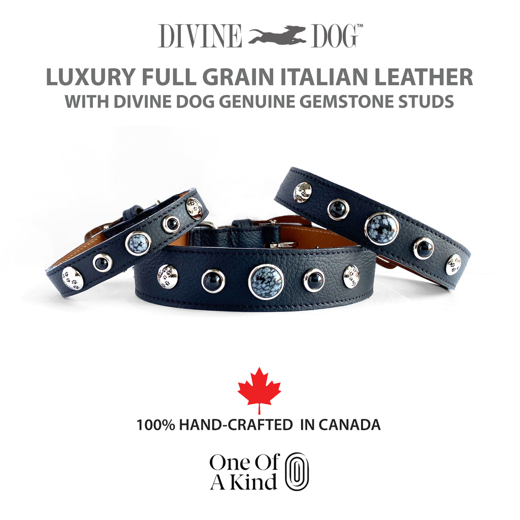 The most beautiful Rich Black Leather Collars with healing crystals and Gemstones, Snowflake Obsidian and Black Onyx.