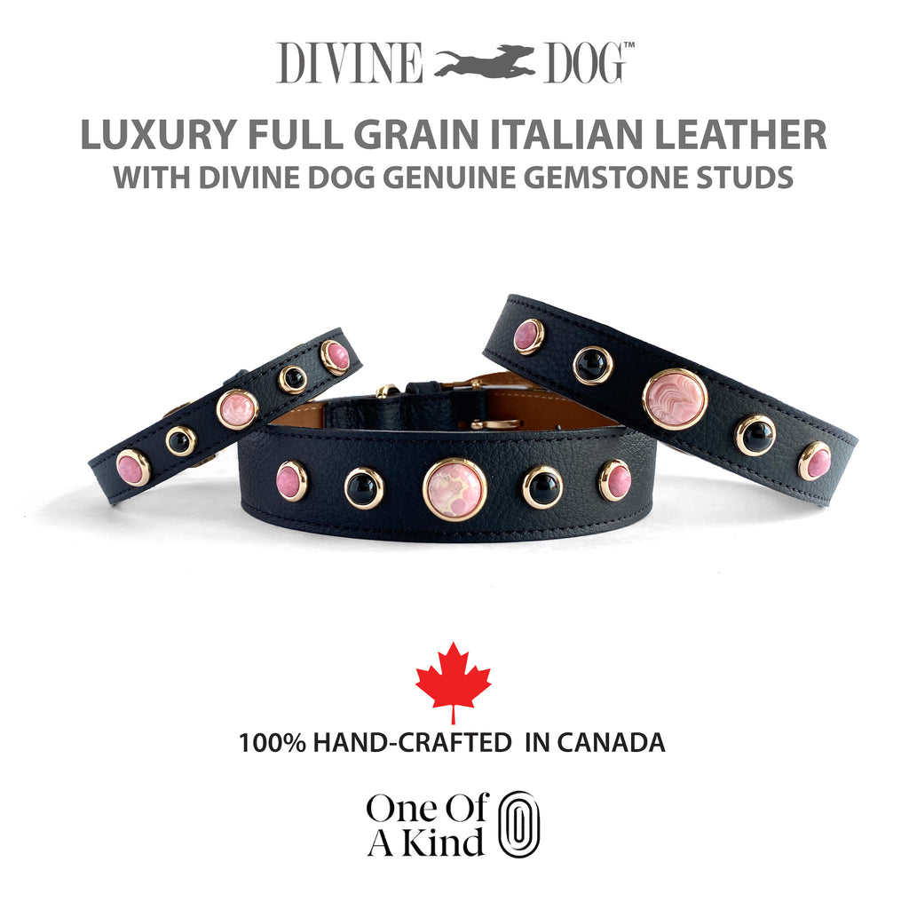 The most beautiful Rich Black Leather Collars with healing crystals and Gemstones for Love, Rhodochrosite, Black Onyx and Rhodonite.
