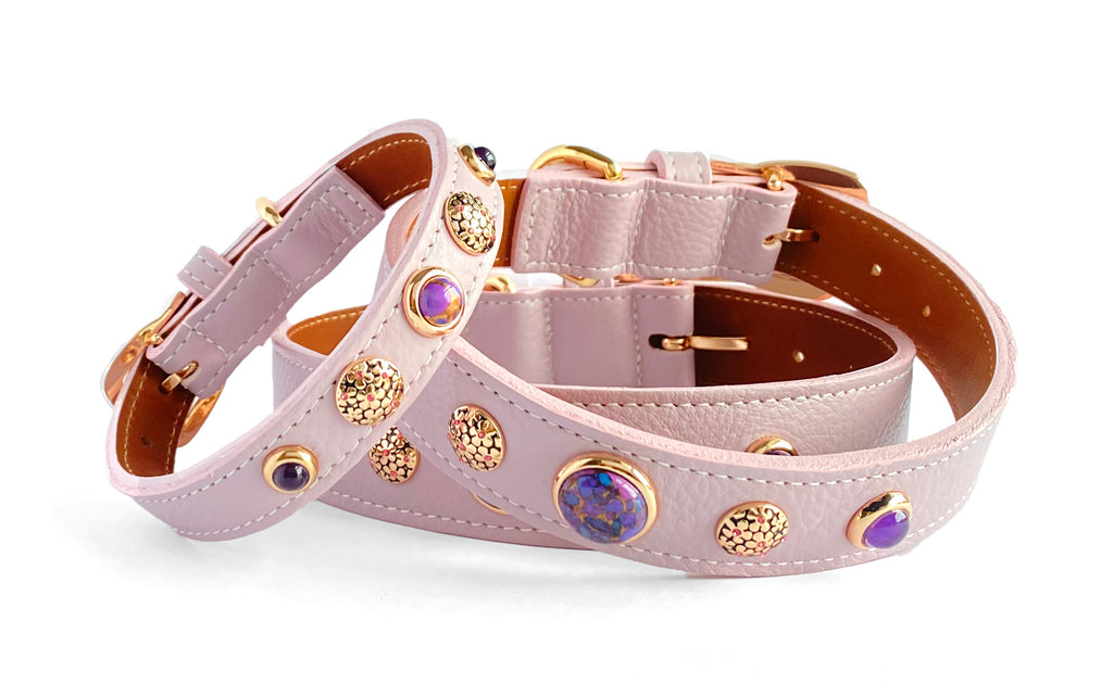 The most beautiful Orchid colour Leather Collars with healing crystals and Gemstones, Amethyst and Copper Purple Turquoise.