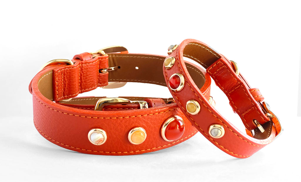 The most beautiful Orange Leather Collars with healing crystals and Gemstones, Carnelian, Pineapple Jasper and Mexican Crazy Lace.