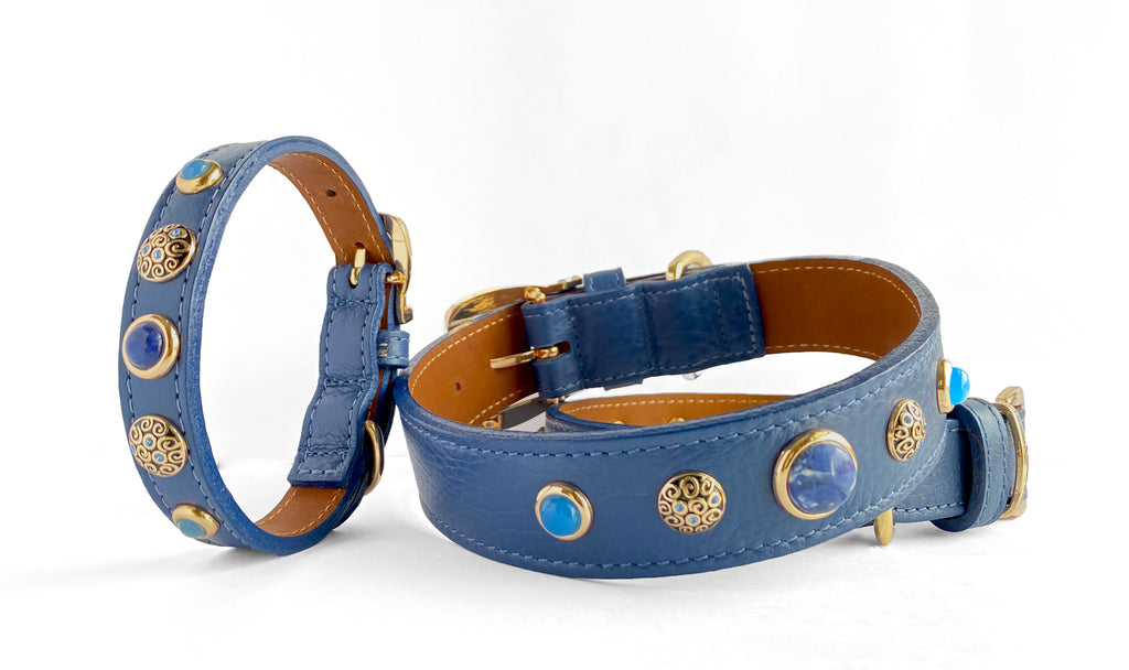 The most beautiful Blue Leather Collars with healing crystals and Gemstones, Sodalite and Blue Chalcedony.