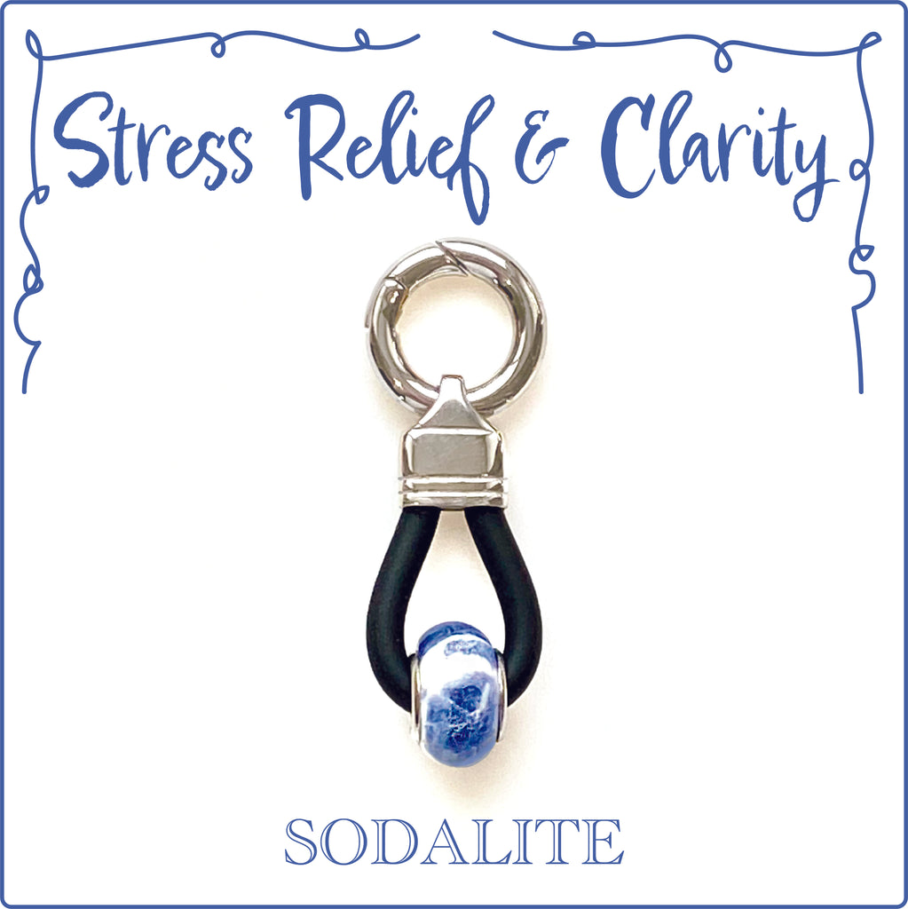 STRESS RELIEF & CLARITY - Energized Gemstone Collar Dangler - SODALITE  guides you to align your heart and your head, clearing away any unwanted feelings that prevent you from expressing yourself honestly and truthfully and being authentic.  It supports a calm state of mind when you feel nervous or worried.  We include a Sodalite gemstone stud in our rescue dog collars as it helps to create inner peace and will help prevent nightmares by providing protection from external negative influences and energies.