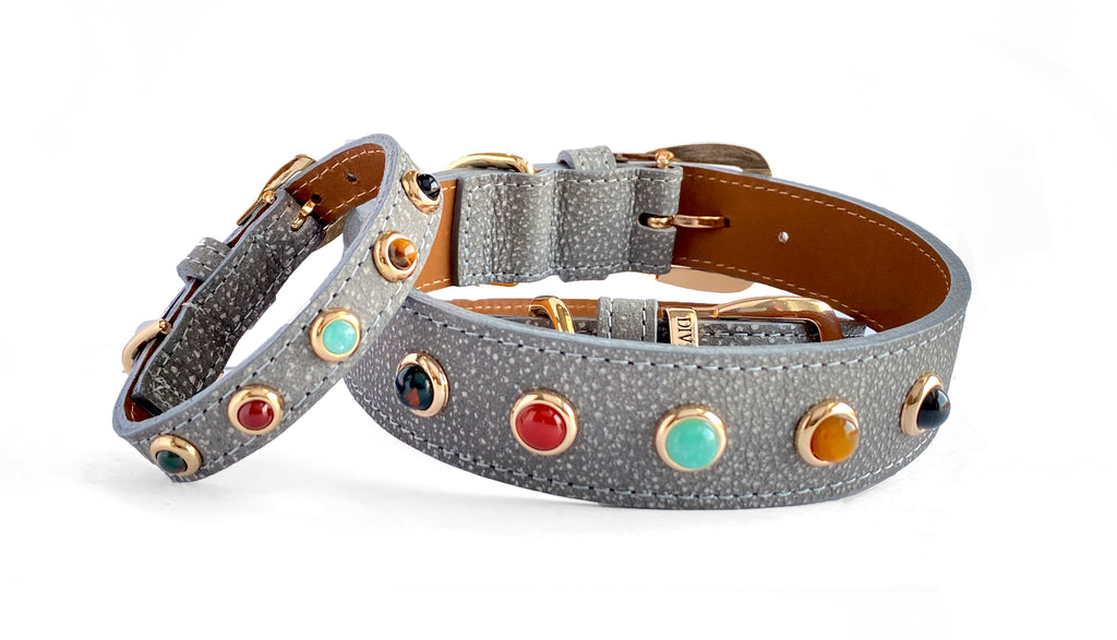 Our best Leather dog collar with Healing and Spiritual Gemstones and Crystals specially selected for their properties to help fearful dogs be more Courageous, Brave, Balanced and Stable in their environments and during fearful situations.