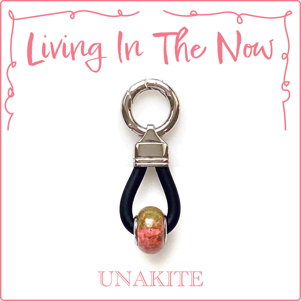 LIVING IN THE NOW - Energized Gemstone Collar Dangler - UNAKITE is considered a sacred stone because it helps release one from the past, it stops painful memories from pulling you down and increases your sense of being in the now.  A stone of clarity, Unikite's healing properties give your heart super powers and the courage to be a hero.  Unikite is a good gemstone for Search and Rescue Dogs to give them courage to do their job.